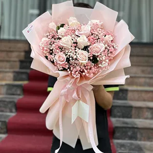 Bó hoa hồng Kem mix hoa baby